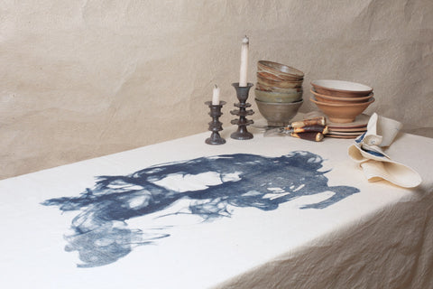 Fumée Bleue" tablecloth and 8 napkins by Safre in collaboration with l'Oeil de KO
